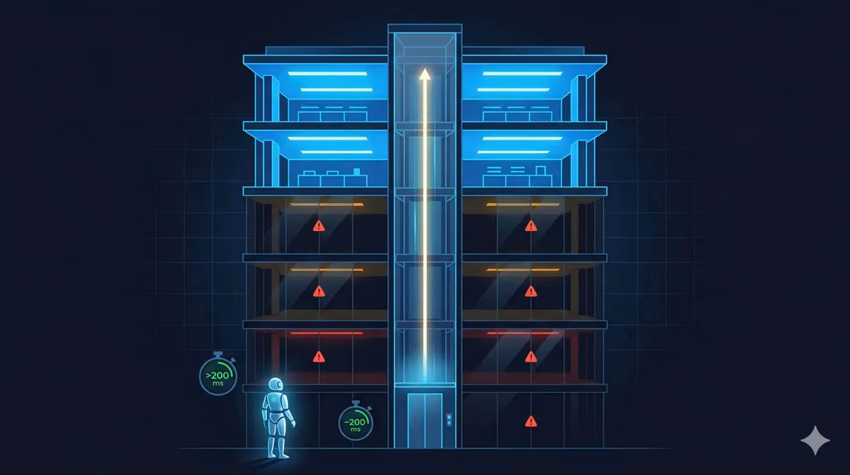AI crawler deep page technical accessibility diagram showing website as a building with accessible upper floors and JavaScript-blocked lower floors