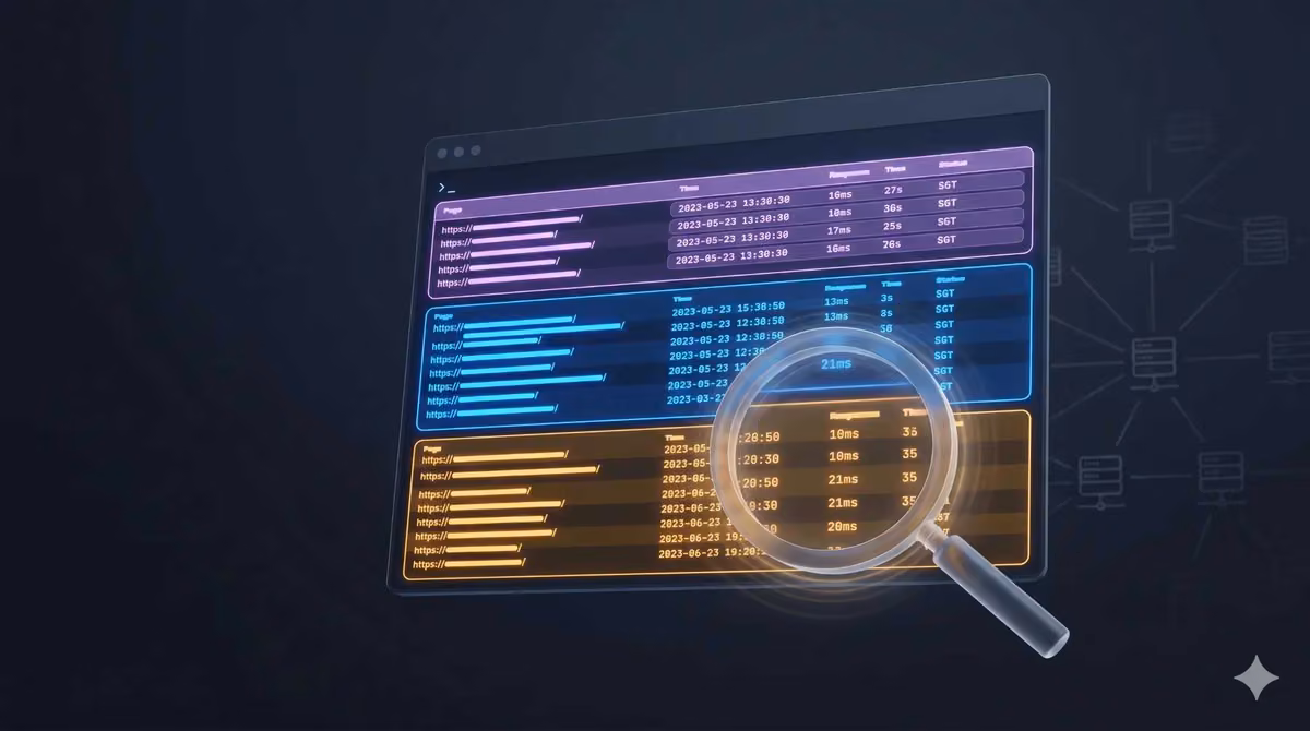 AI bot server log segmentation analysis dashboard showing three color-coded bot categories with magnifying glass