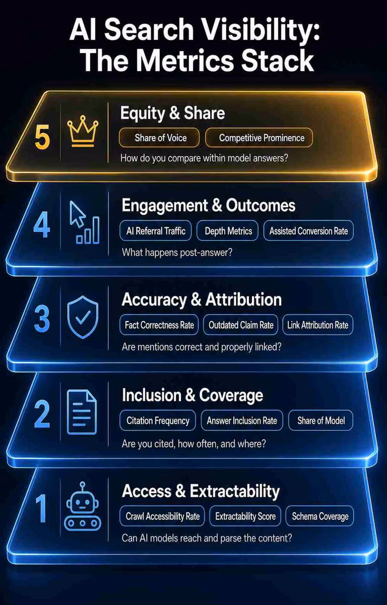 AI search visibility metrics stack showing five KPI layers