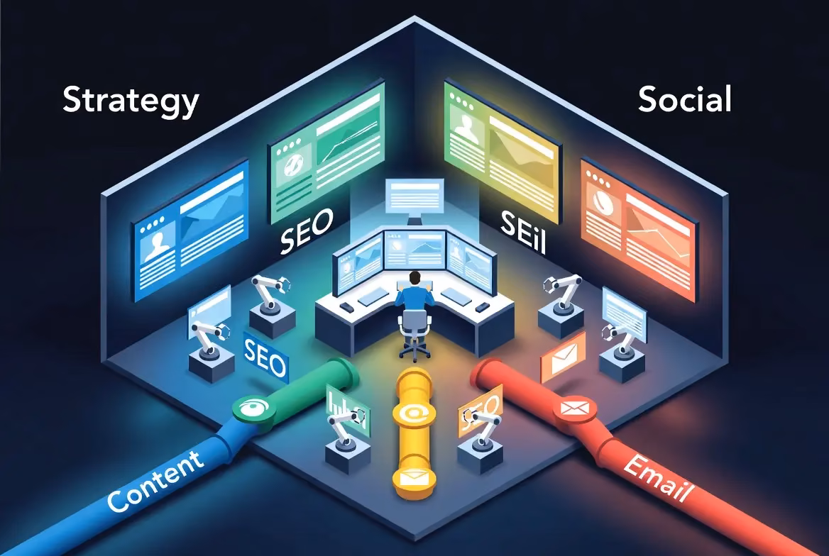 Isometric illustration of an AI-powered marketing operations center with pipelines for content, SEO, social, and email converging at a central human-led strategy hub.