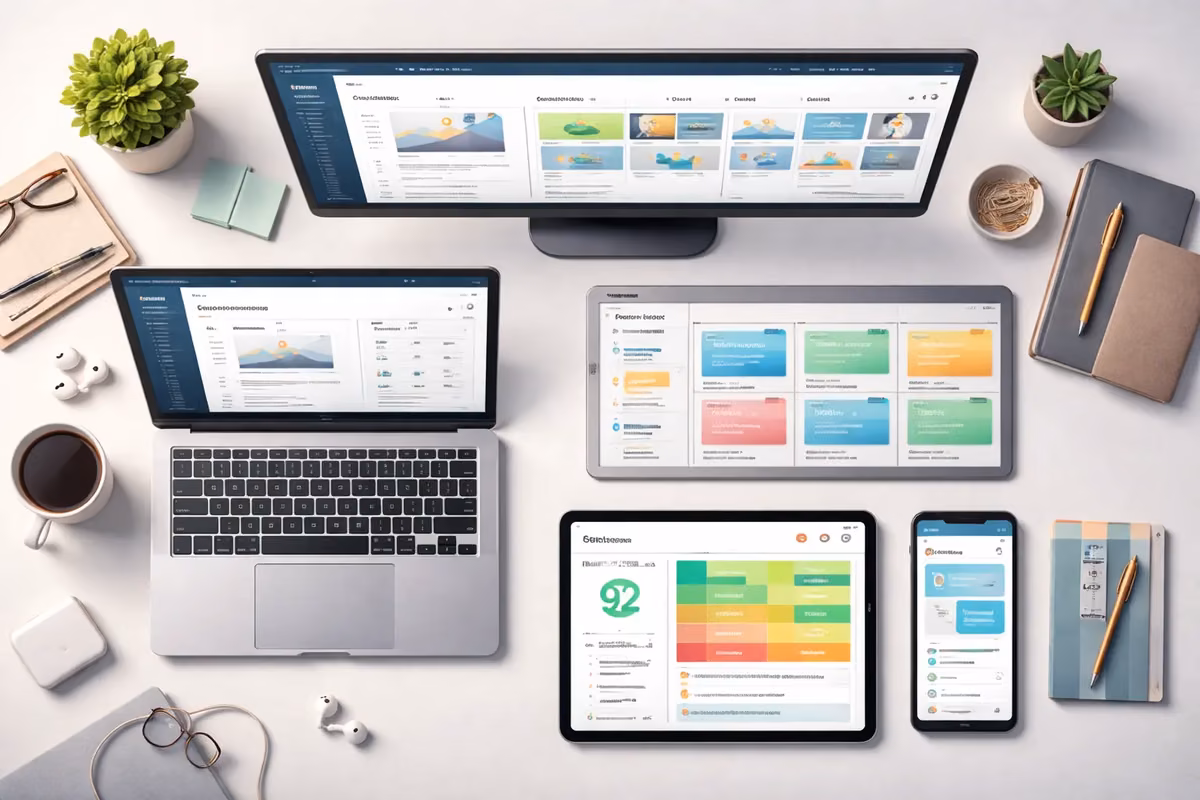 Multiple digital devices displaying AI-powered small business automation applications.