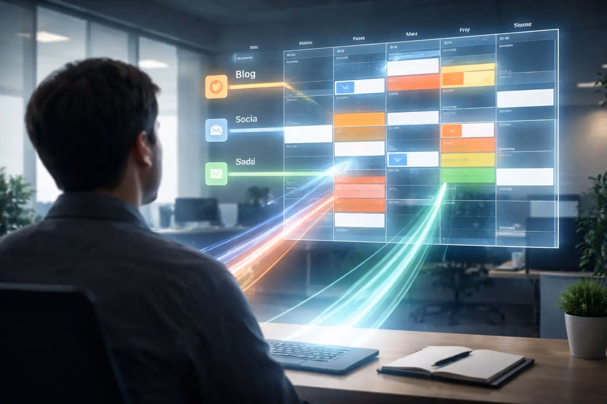 Person using an AI calendar generator tool to organize digital content on screen.