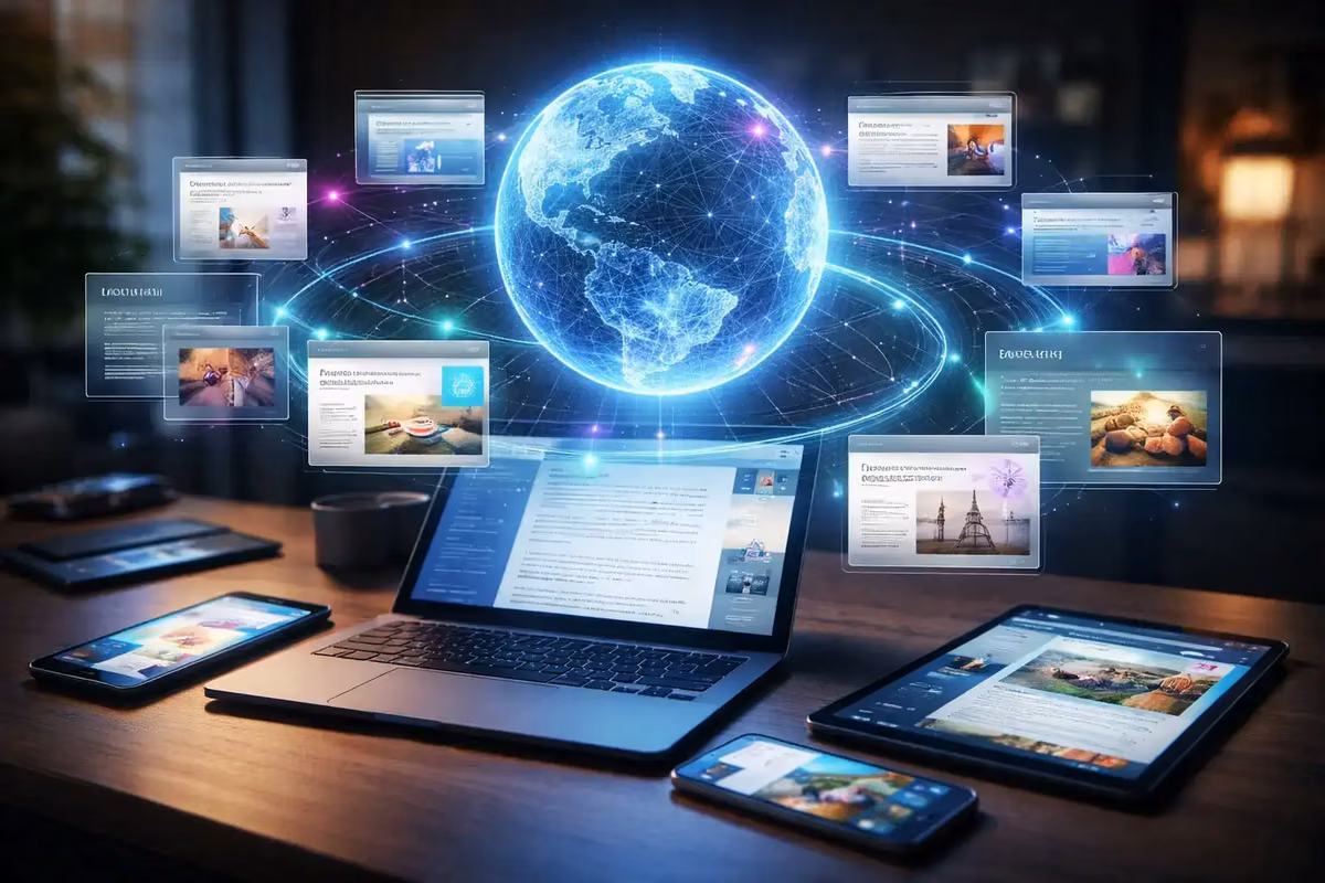 Digital interface displaying AI writing tools enhancing content creation on various devices.