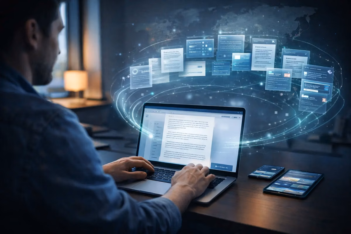 A person using an AI content writer tool on a laptop with digital content displays.