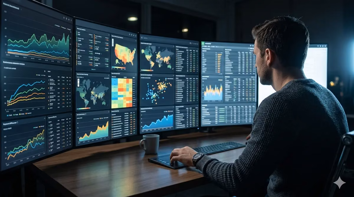 Person analyzing data on multiple screens in a digital workspace