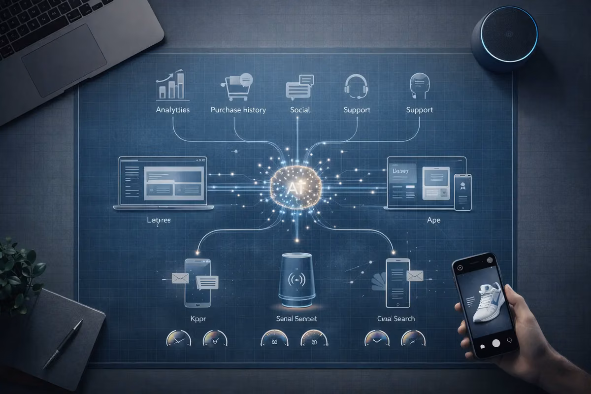 Diagram illustrating AI's role in eCommerce marketing with visual connections to data and devices.