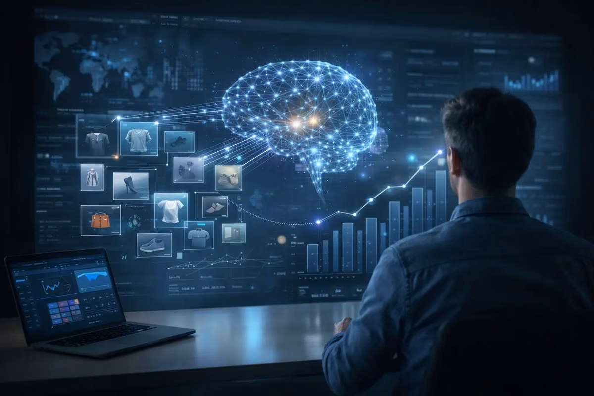 Visualization of AI in ecommerce marketing with a digital brain and product images.