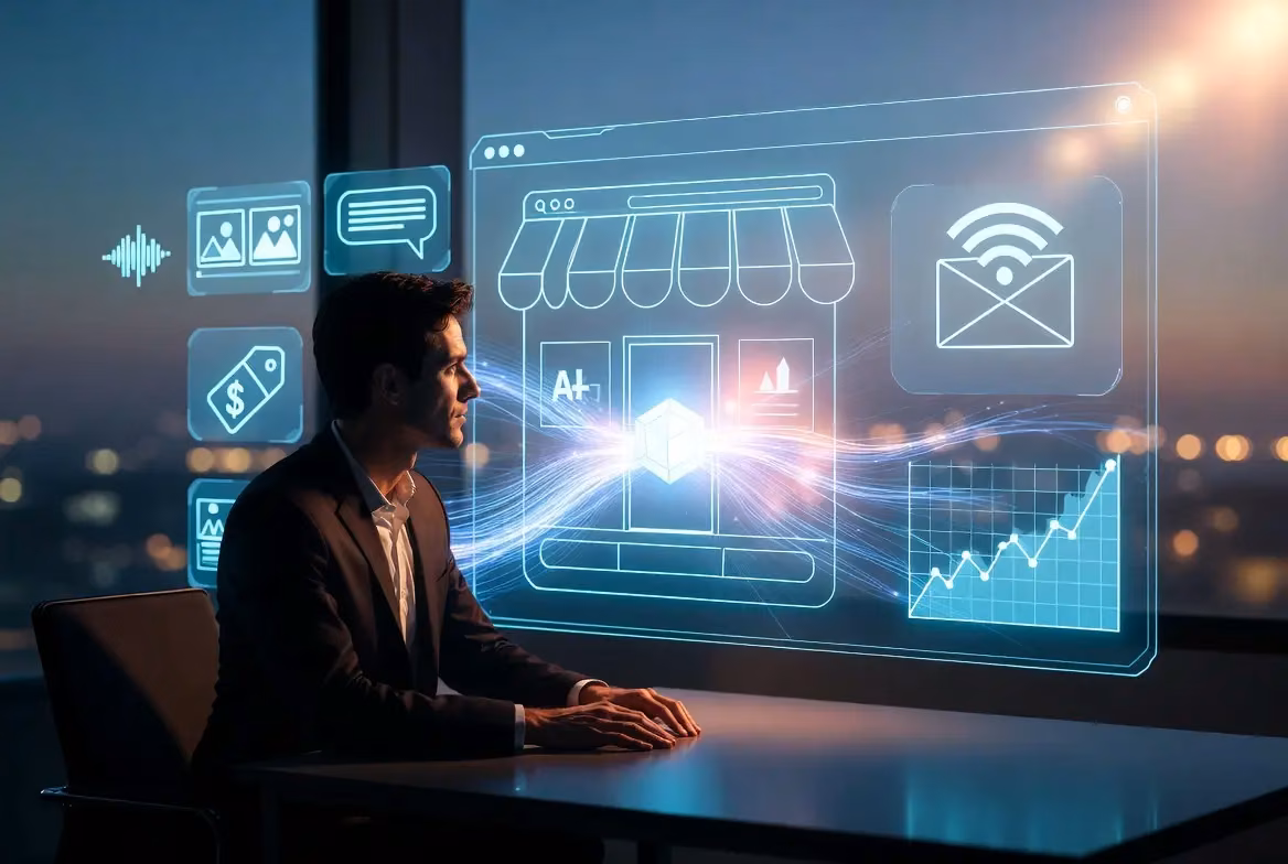 A professional observing digital elements symbolizing AI in eCommerce marketing.