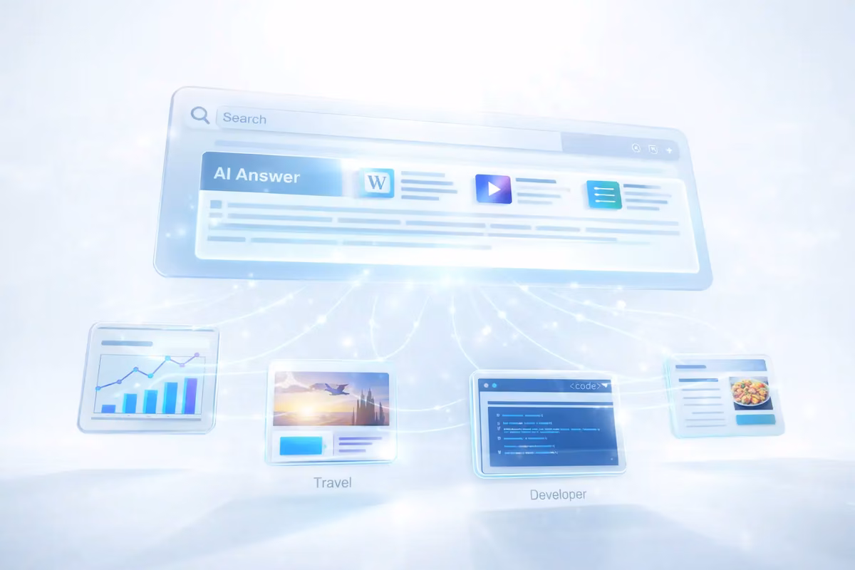 Illustration showing AI-driven featured snippets with interconnected digital content examples.