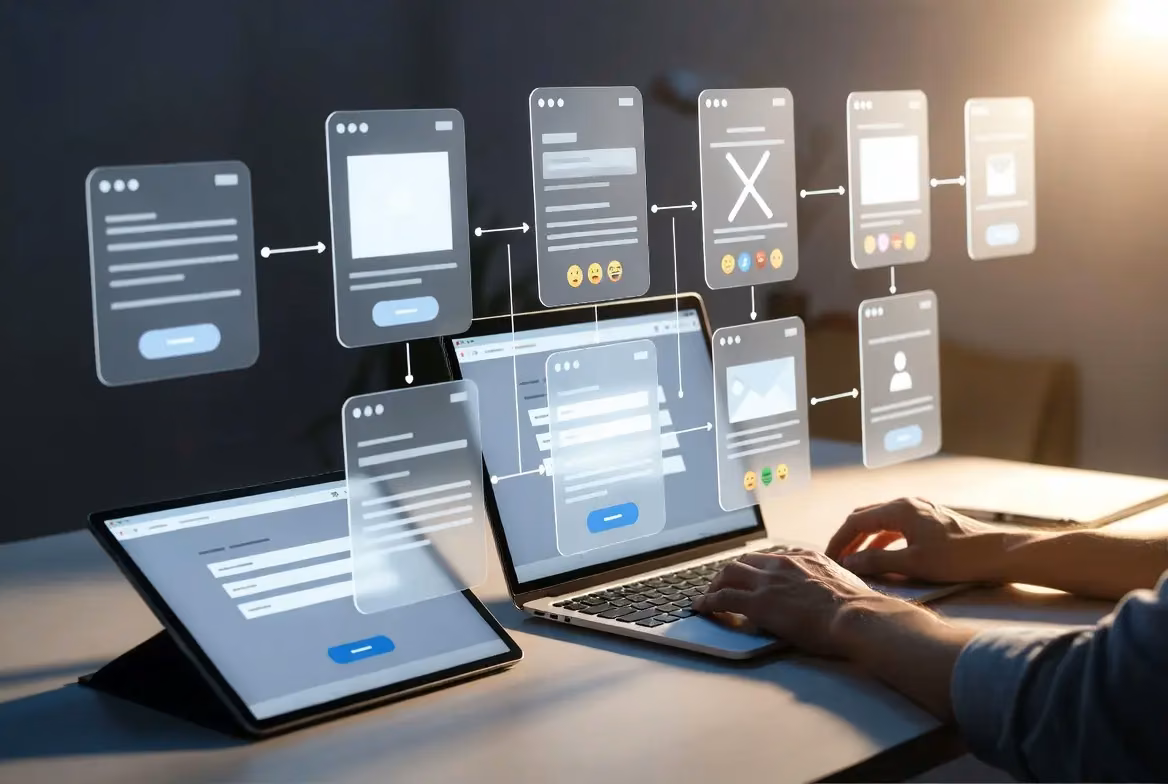 Person using a laptop with overlay of digital workflow for AI Facebook post creation.