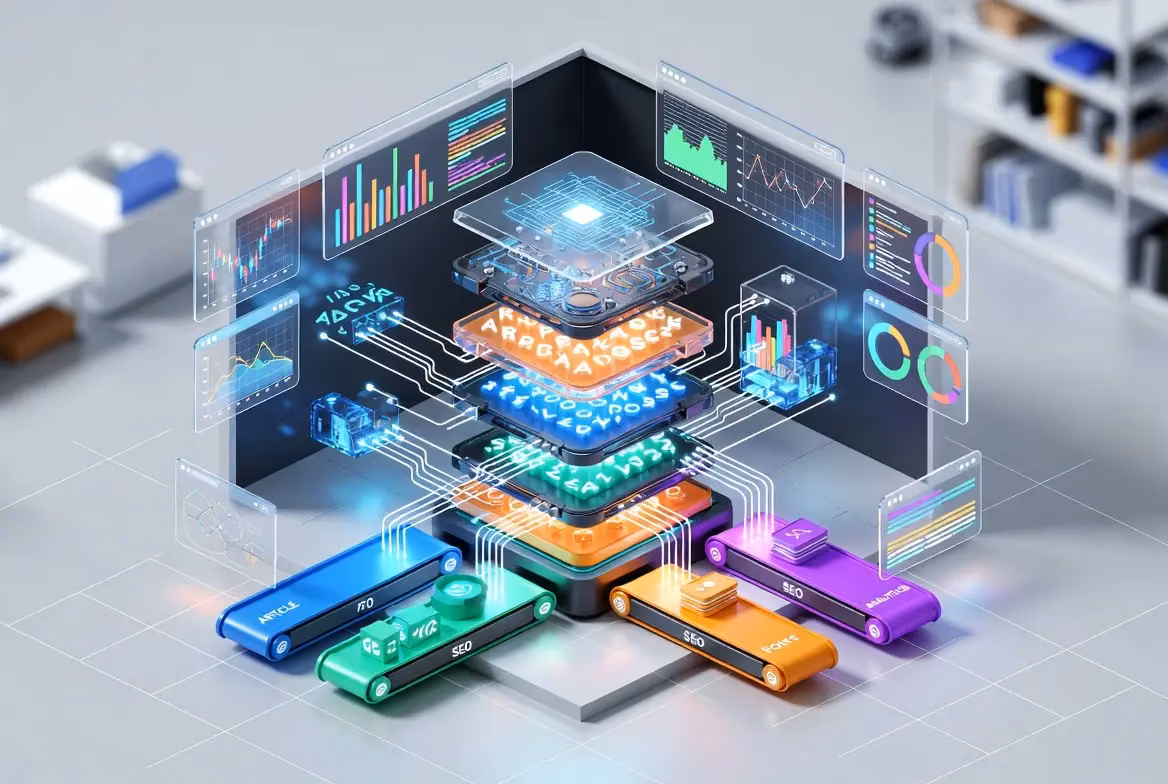 Diagram showing AI technology layers and processes in digital marketing.