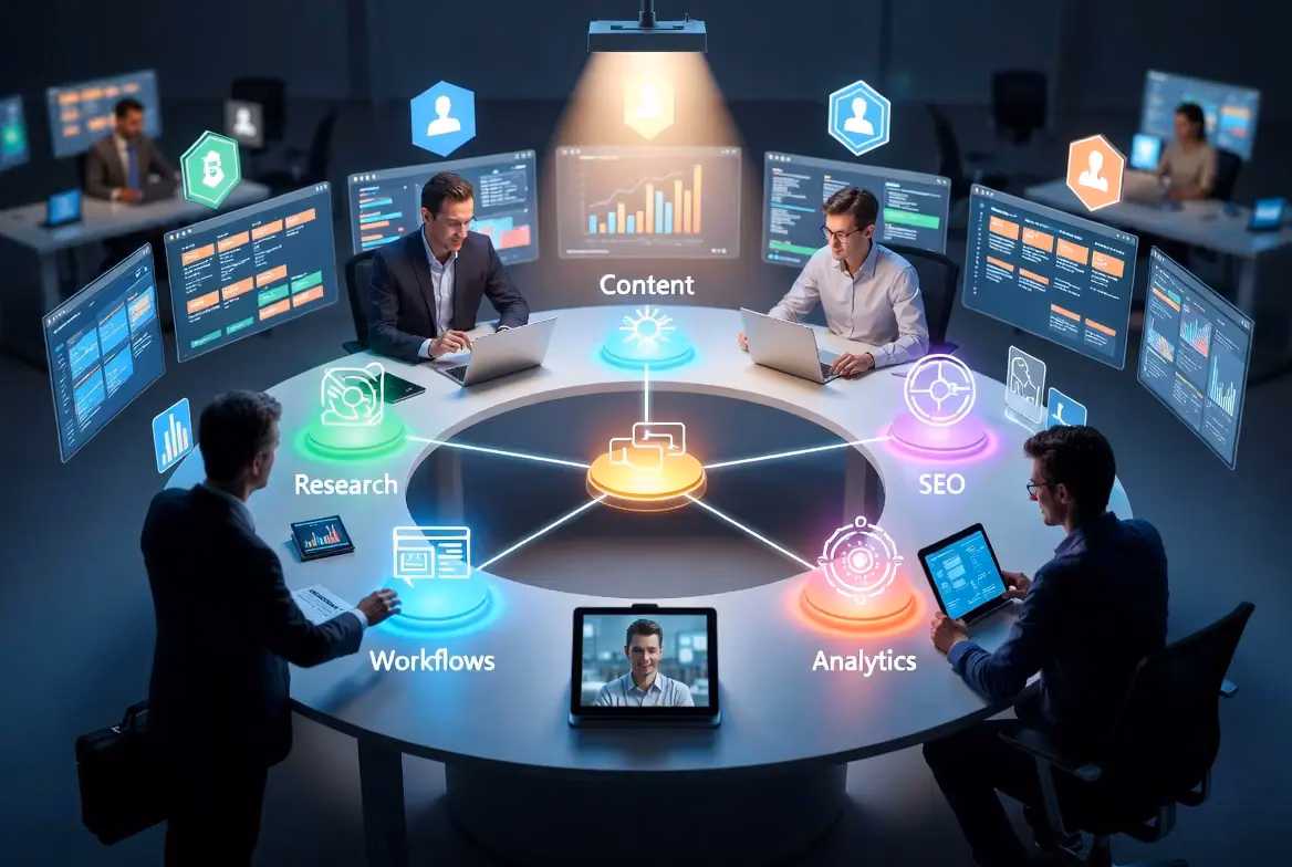 A team of professionals using AI tools in digital marketing at a modern office.