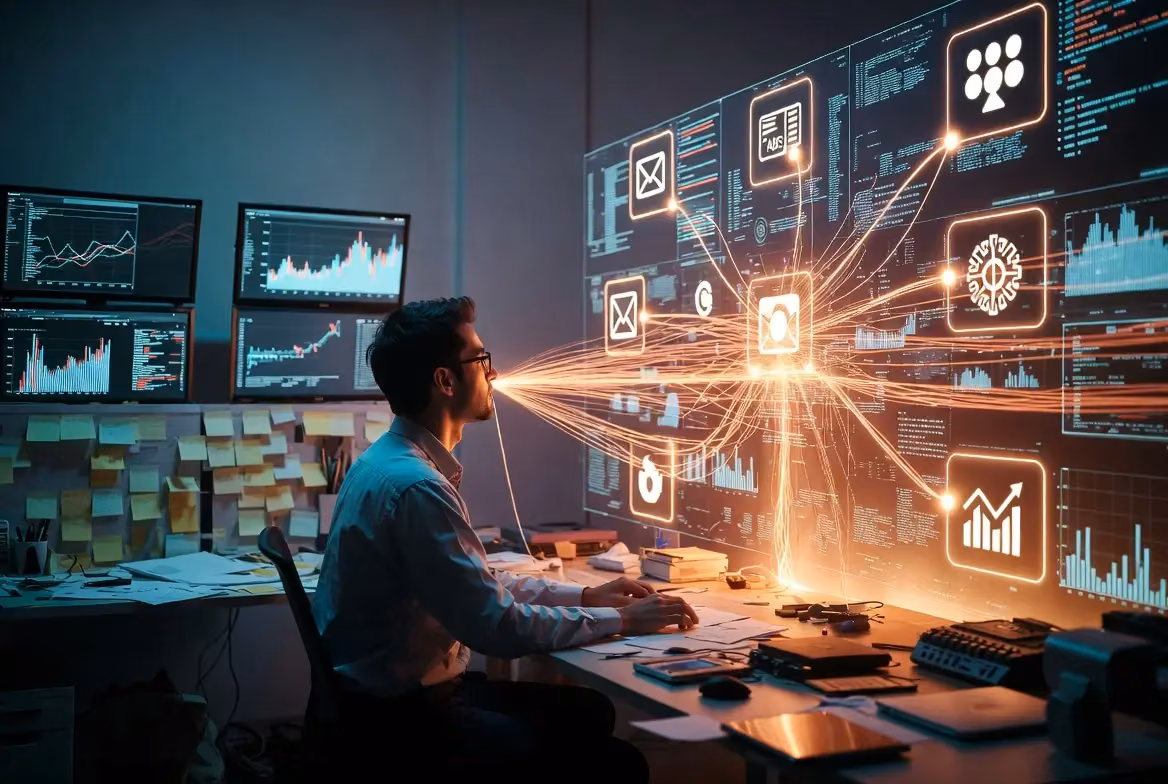 A professional analyzing AI-driven digital marketing data on multiple screens.