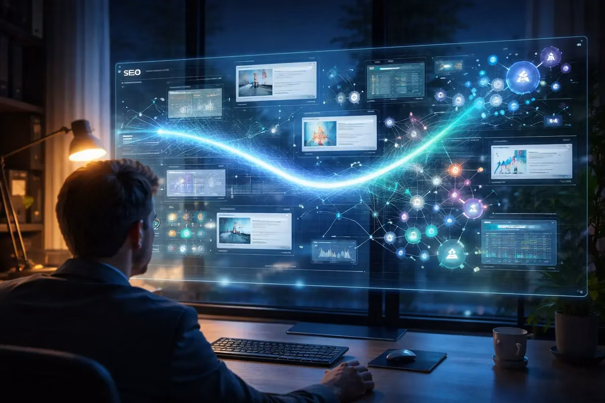 A person working at a digital workstation displaying AI-driven SEO analytics and automation tools.