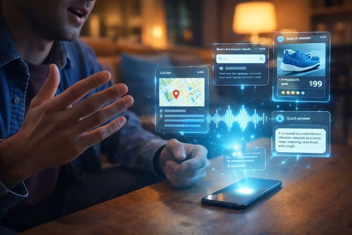Person using a smartphone with AI-powered voice assistant displaying search results and quick answers.
