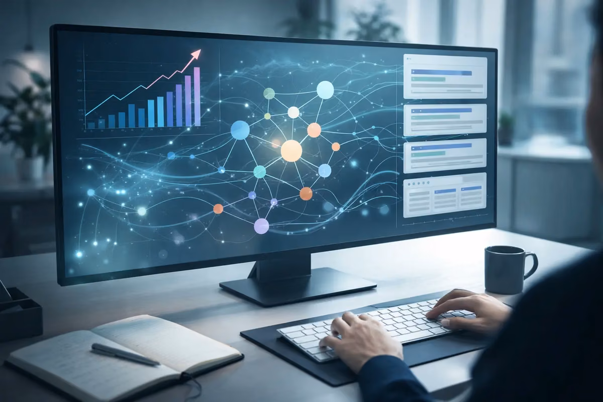 Dashboard showing data visualization and interconnected nodes representing AI SEO software features.