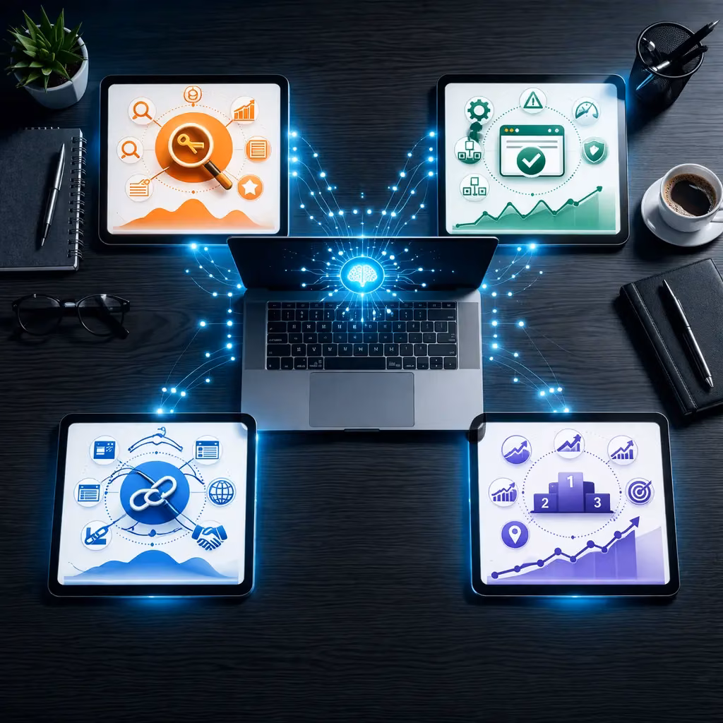 Digital representation of AI SEO software features on tablets around a central laptop.
