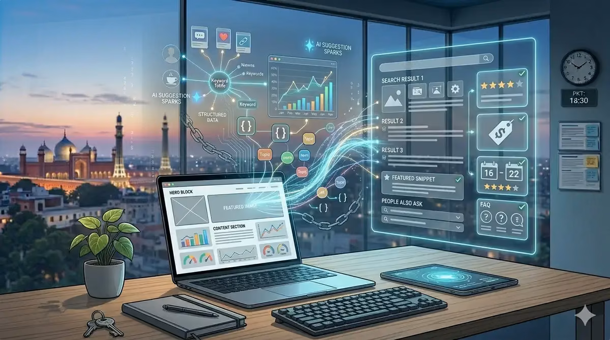 Digital interface displaying AI-driven schema tools on a computer screen at sunset.