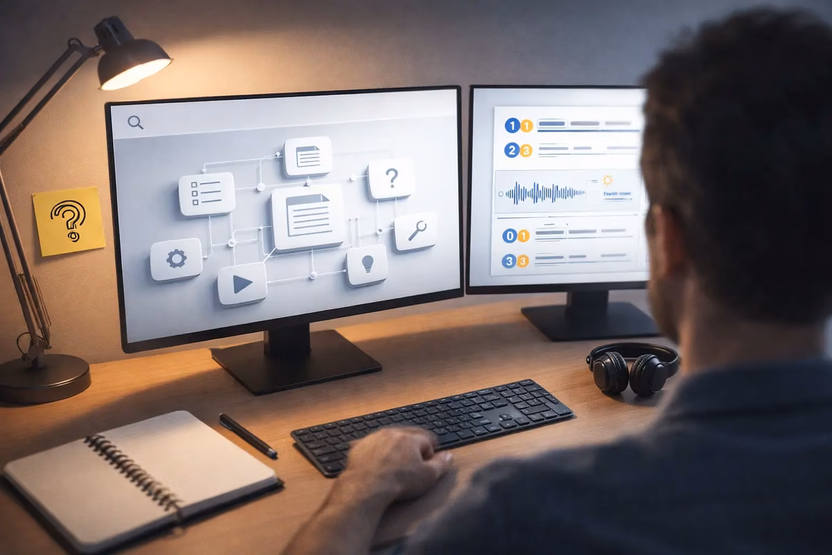 A person working on dual monitors displaying AI search engine optimization processes.