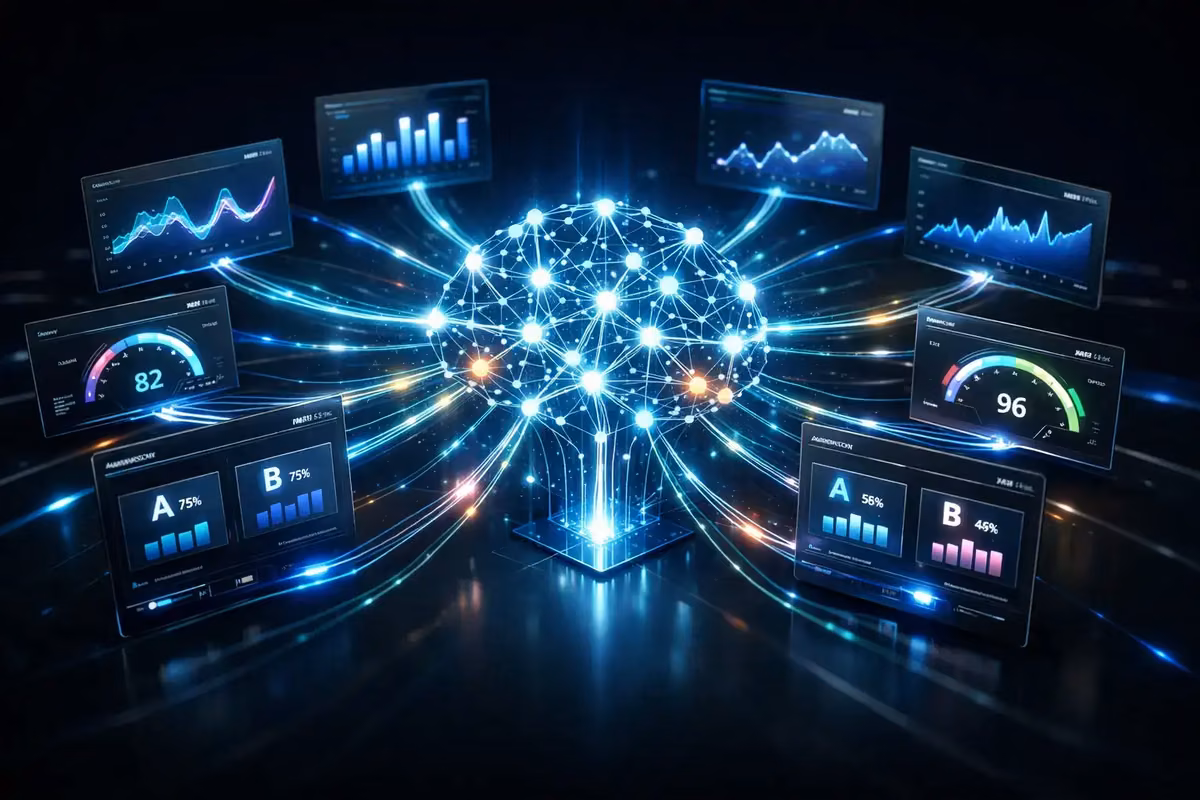 Diagram illustrating AI tools in title tag optimization with graphs and data visuals