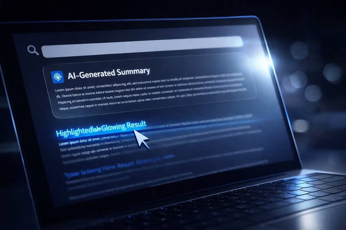 A laptop screen displaying AI-generated summary and highlighted result.