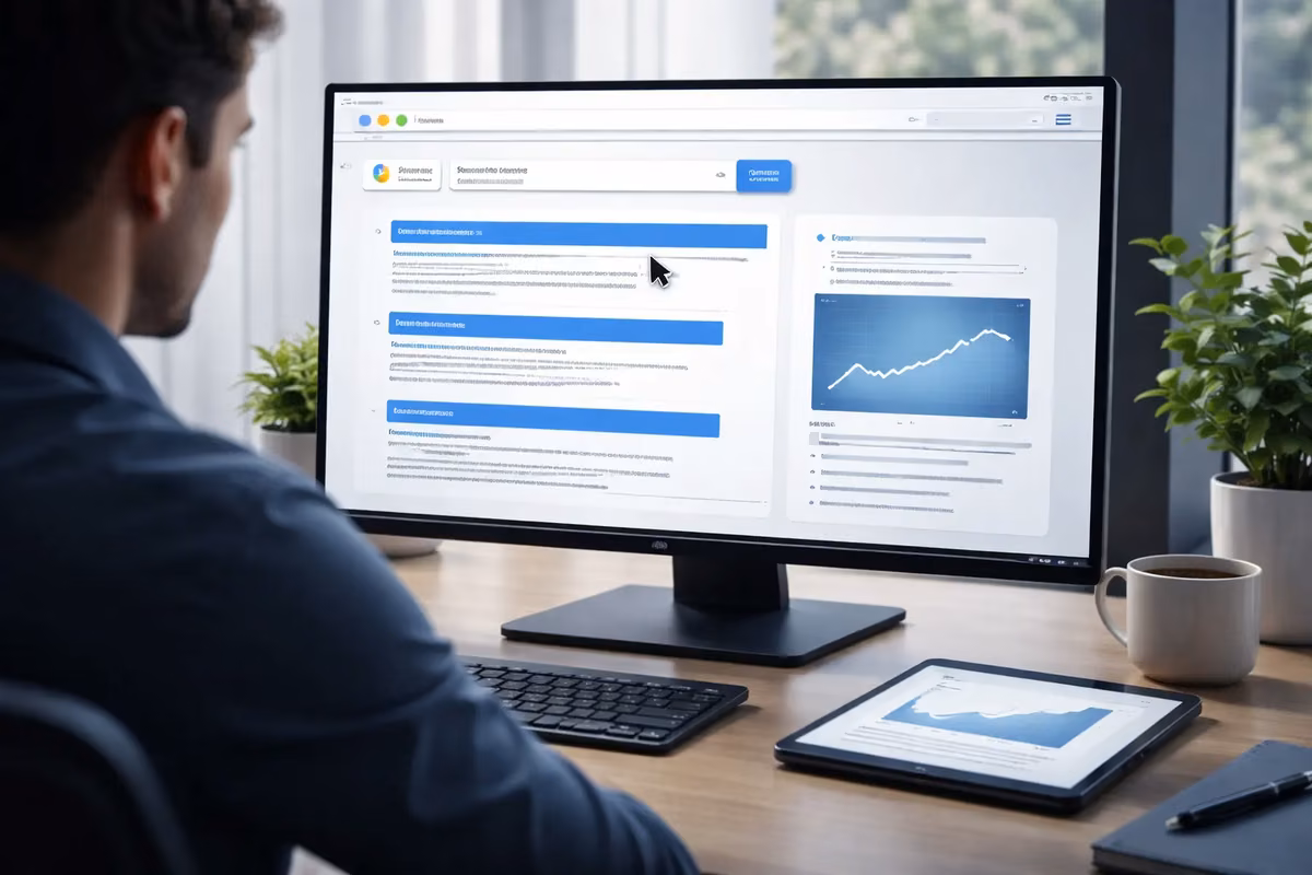 A person using AI tools on a desktop to optimize title tags with graphs on screen.