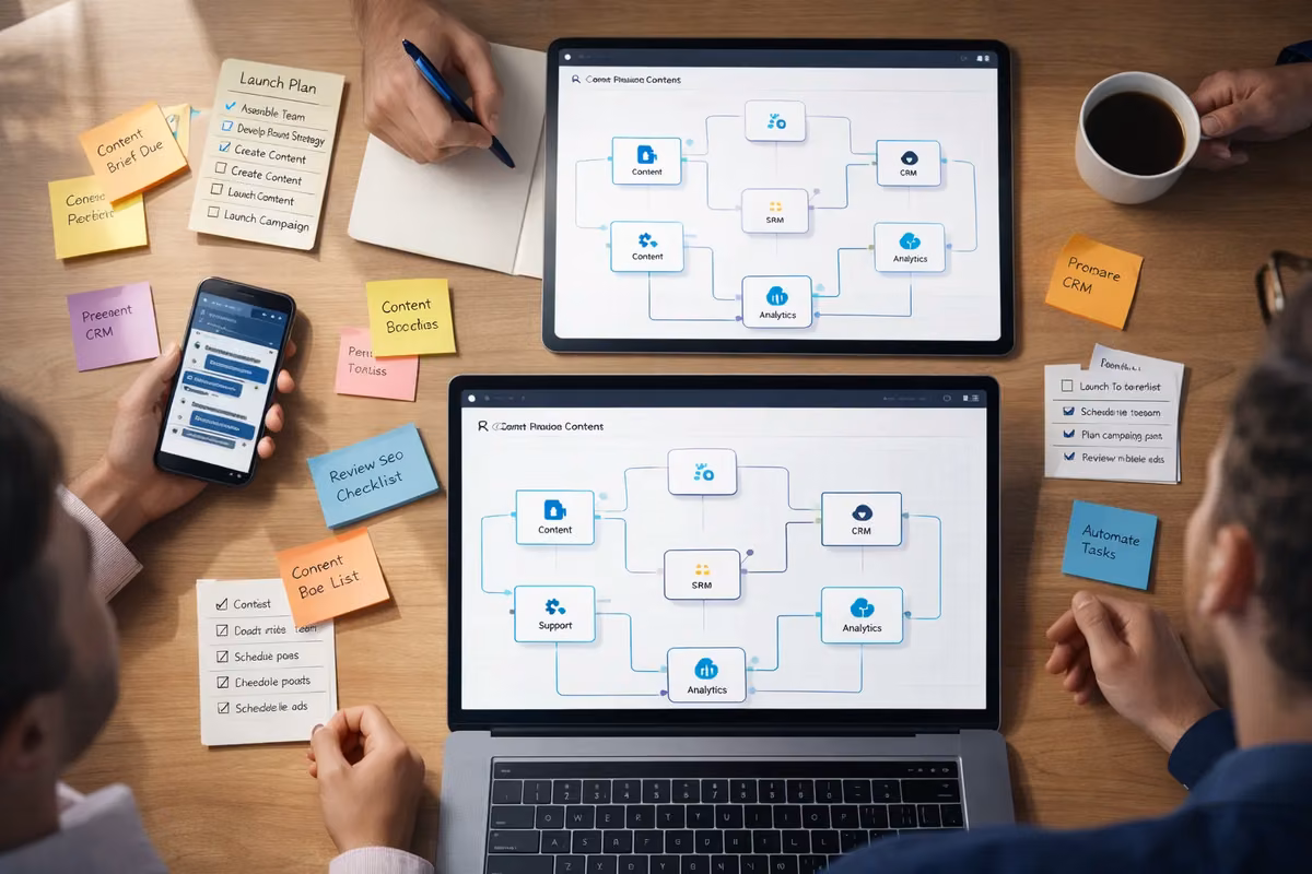 Workflow diagram on a laptop showing AI tools for startup growth strategies