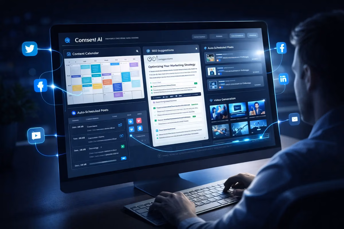 Person using AI tool dashboard for content scheduling and marketing optimization