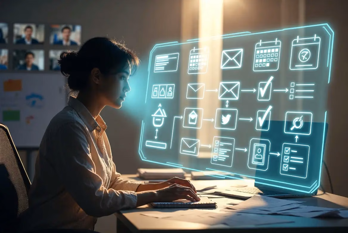Woman interacting with AI workflow automation dashboard displaying task management