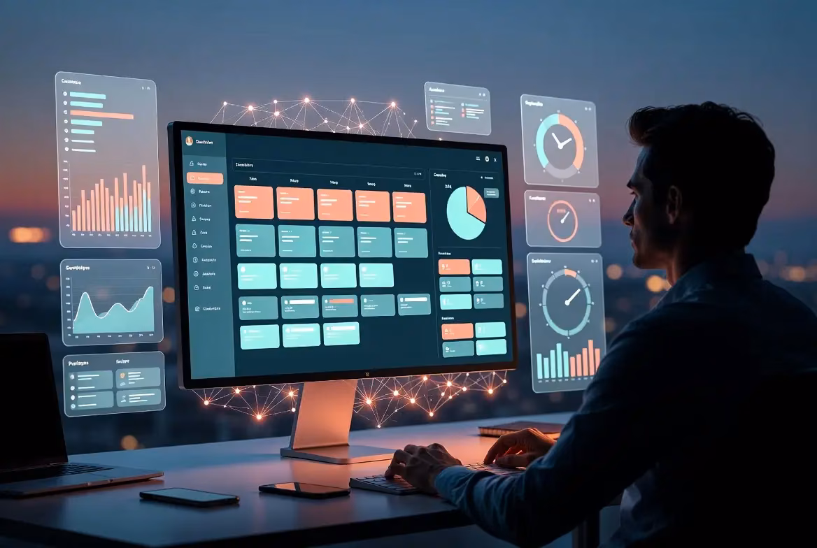 Person analyzing data on a digital dashboard showcasing an AI workflow for social media management