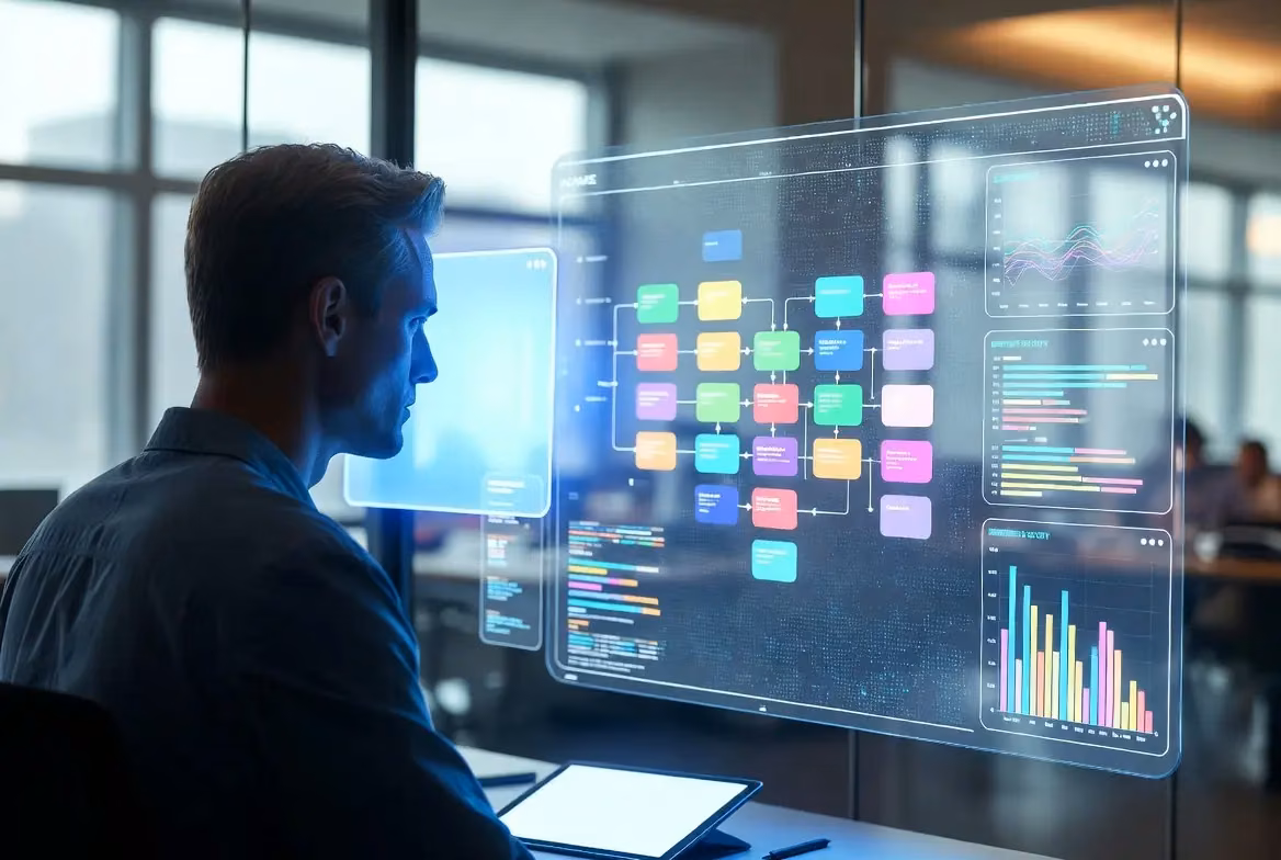 Person analyzing a digital dashboard for AI-driven social media workflow.