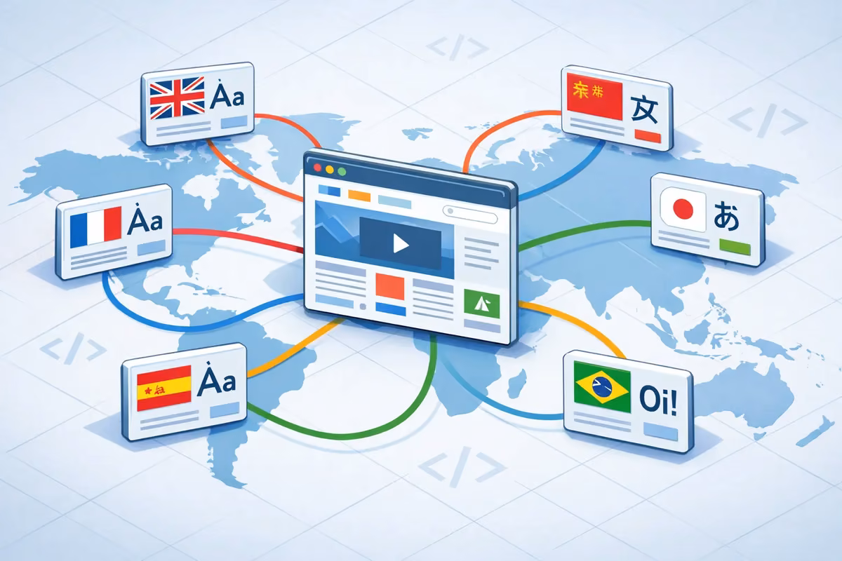 Illustration of a multilingual webpage showing global language connections with AI for hreflang optimization.