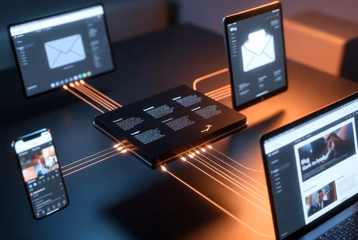 A digital representation of AI marketing automation with interconnected devices and screens
