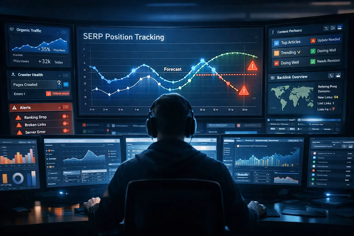 A person analyzing SEO performance data on multiple screens with AI-driven automation tools.