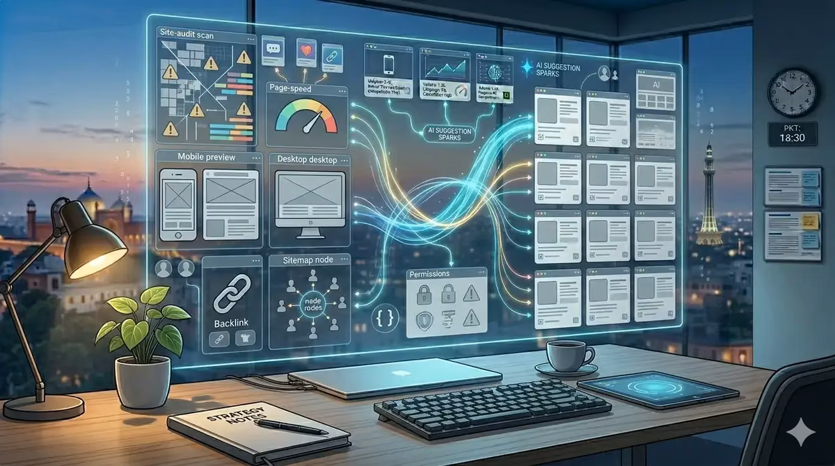 Digital interface showing AI-driven SEO automation tools and analytics.