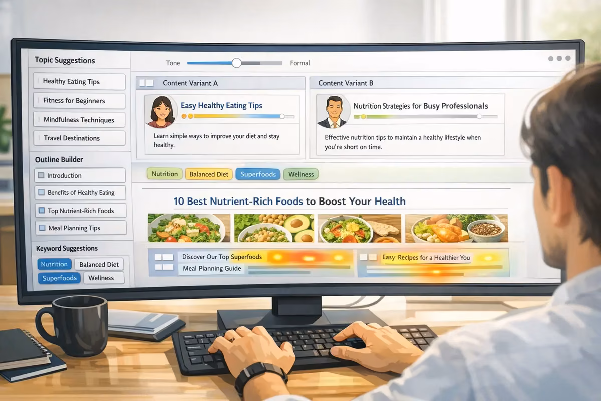 User planning content with AI-driven SEO automation tool on a computer screen