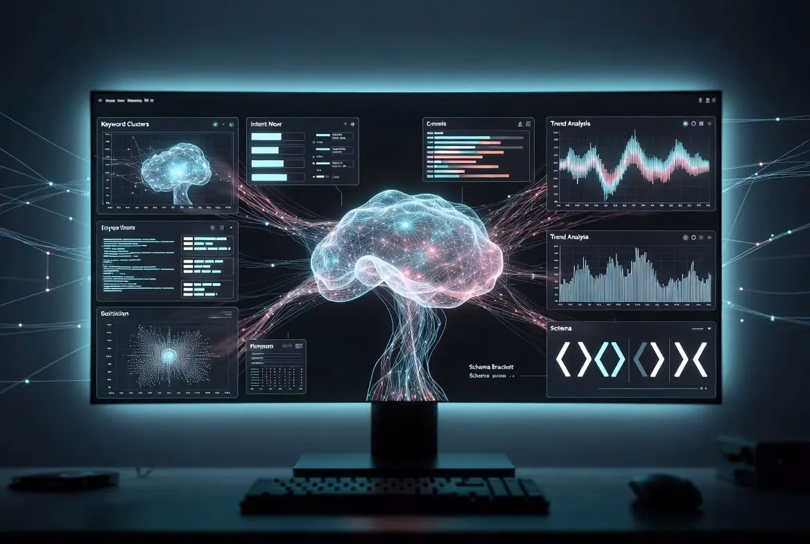 Dashboard displaying analytics for an AI-powered SEO platform.