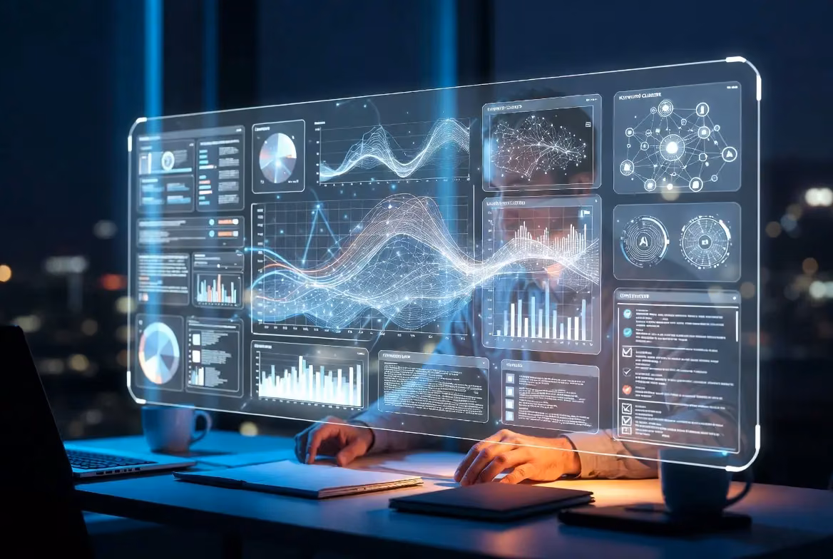 Interactive dashboard displaying analytics for an AI-powered SEO platform.