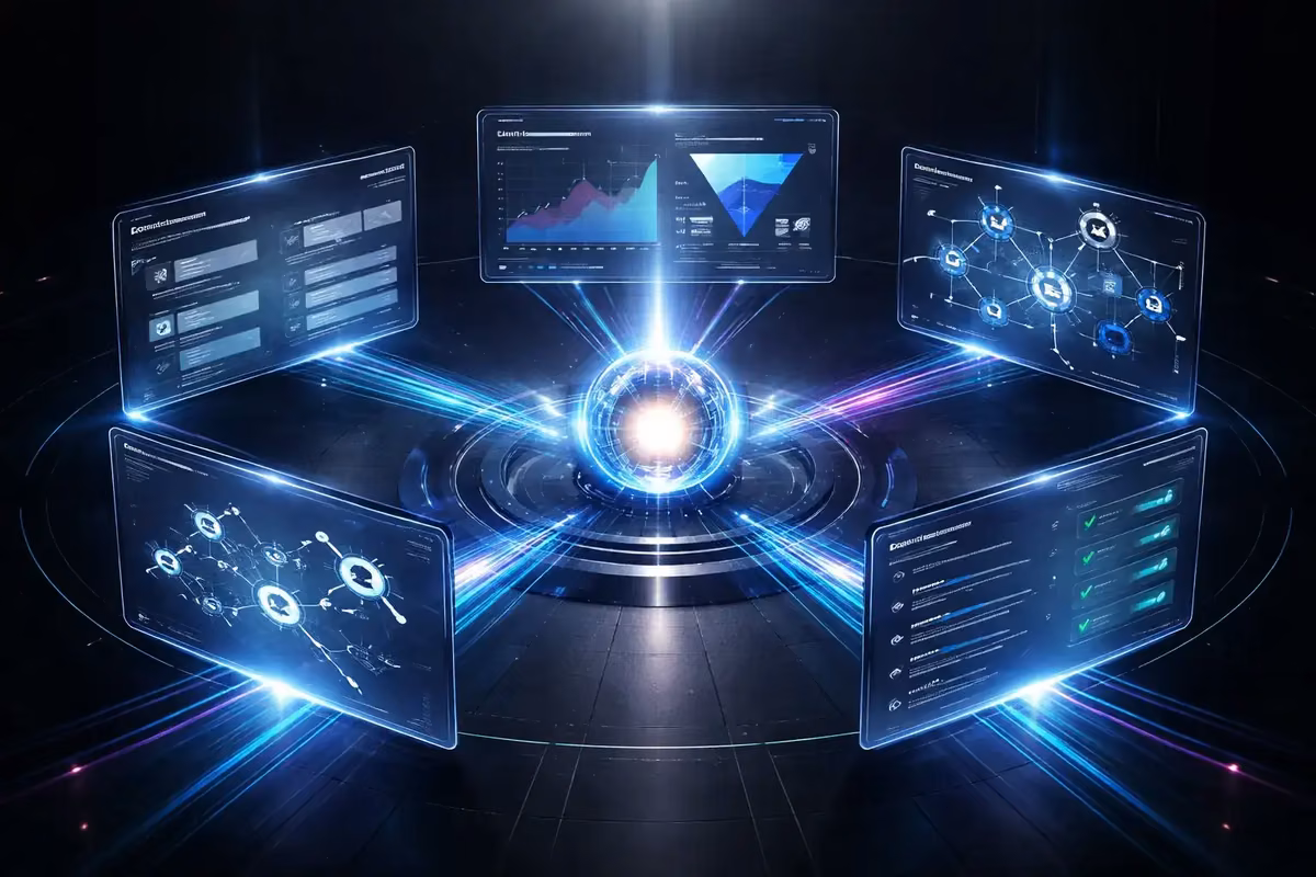 Digital interfaces display analytics in an AI-powered SEO platform dashboard.