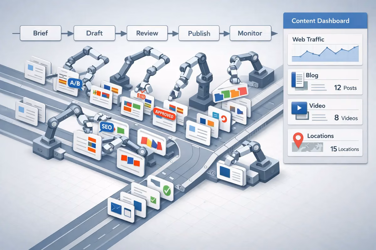 Automated SEO content process illustrated with robotic arms and dashboard analytics.