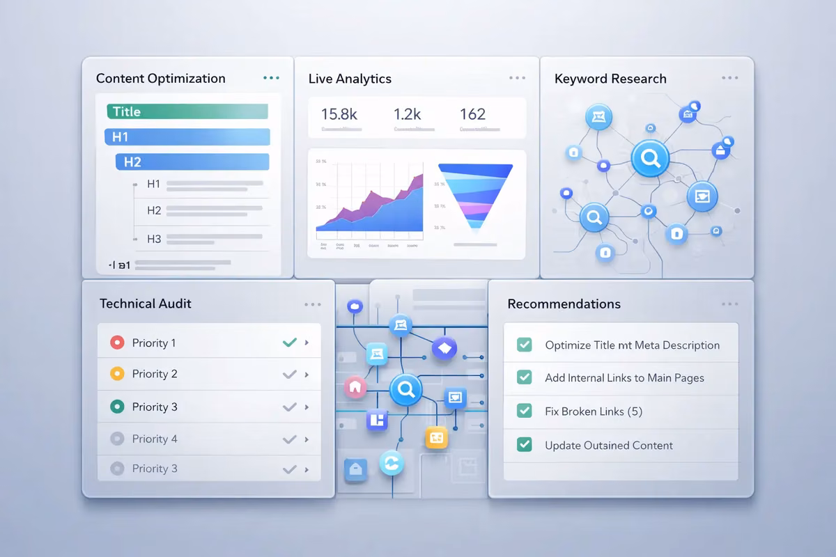 Dashboard interface showing content optimization, live analytics, keyword research, and technical audit features.