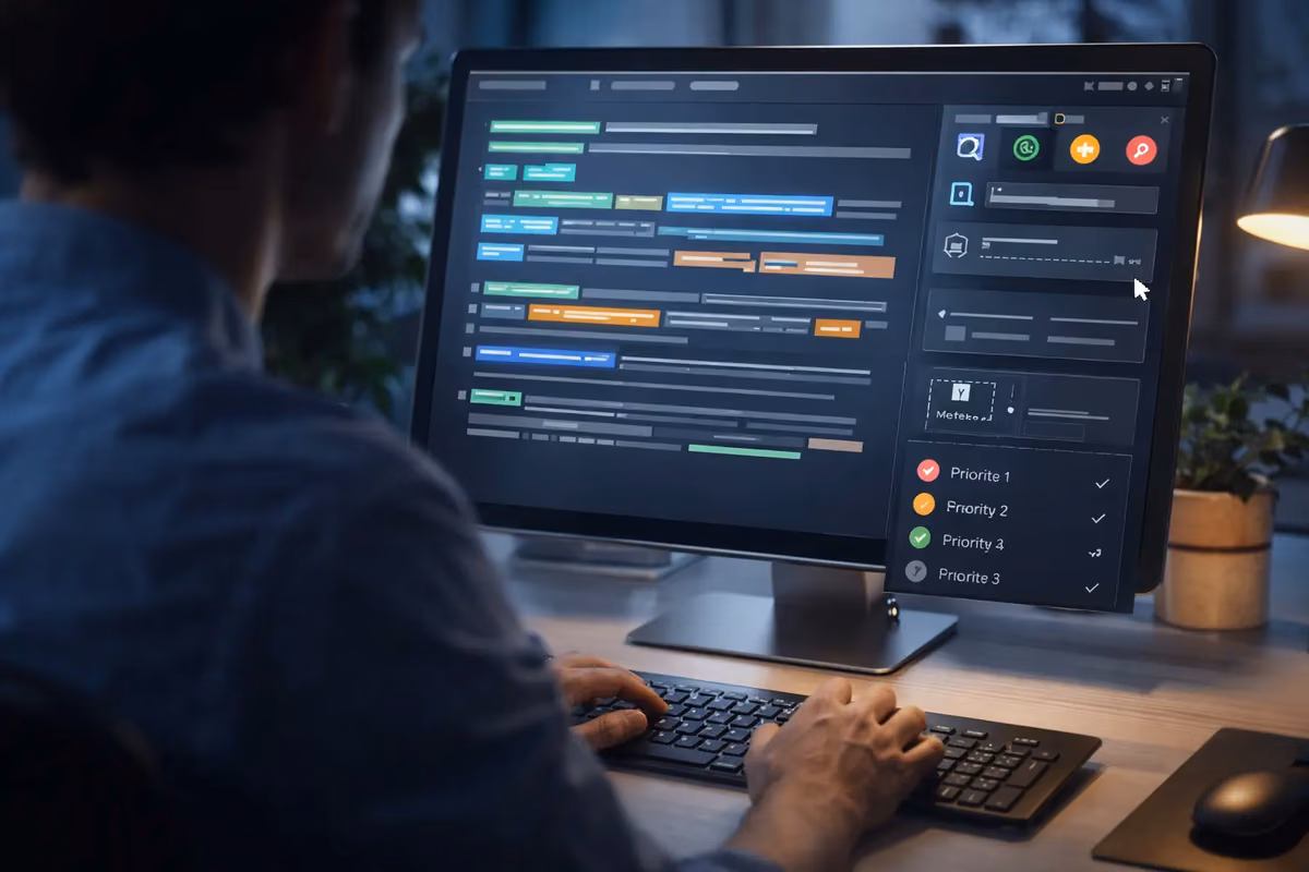 User interacting with AI-powered SEO platform dashboard displaying optimization tools.