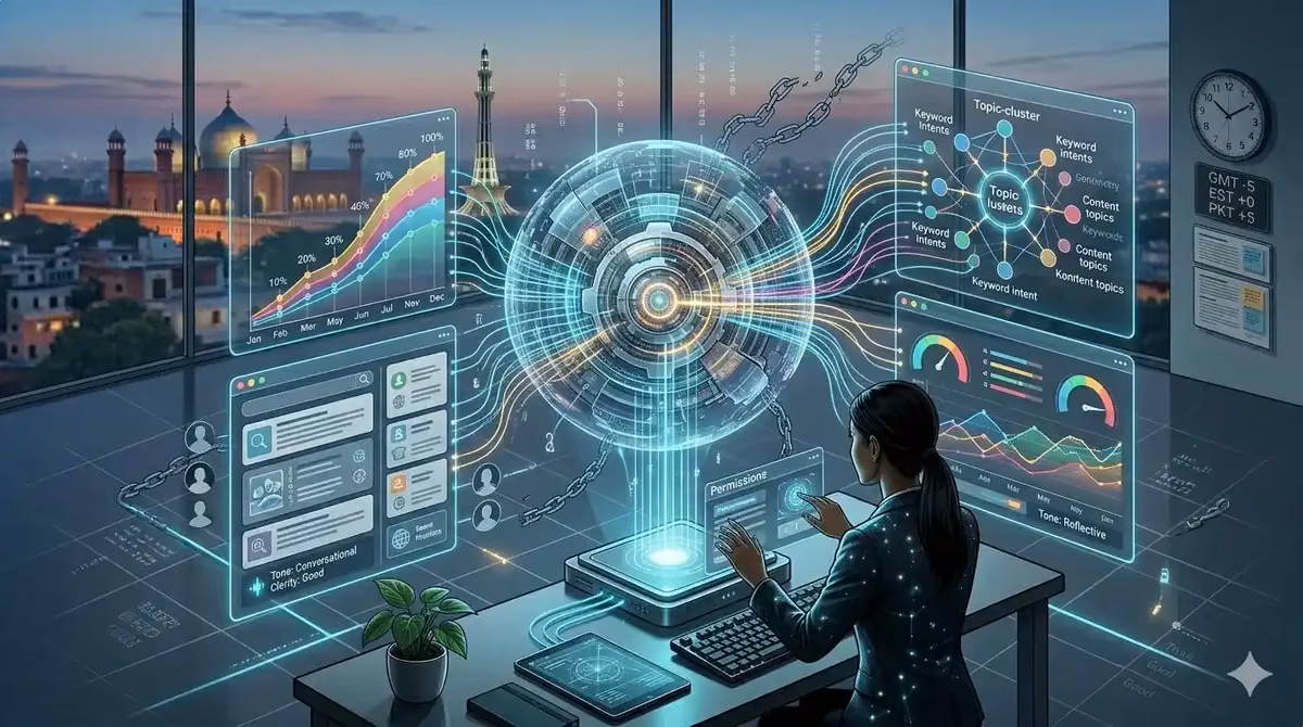 Digital dashboard displaying AI-powered SEO tools with various analytics.
