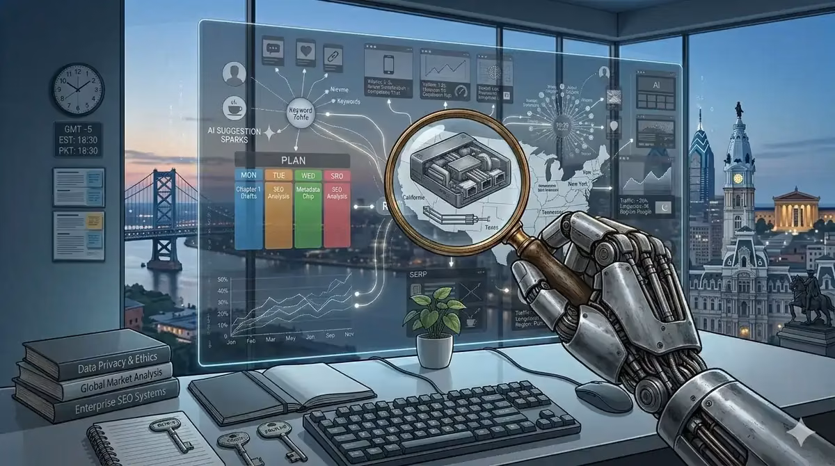 A robot hand using advanced AI tools for SEO analysis in a modern office setting.