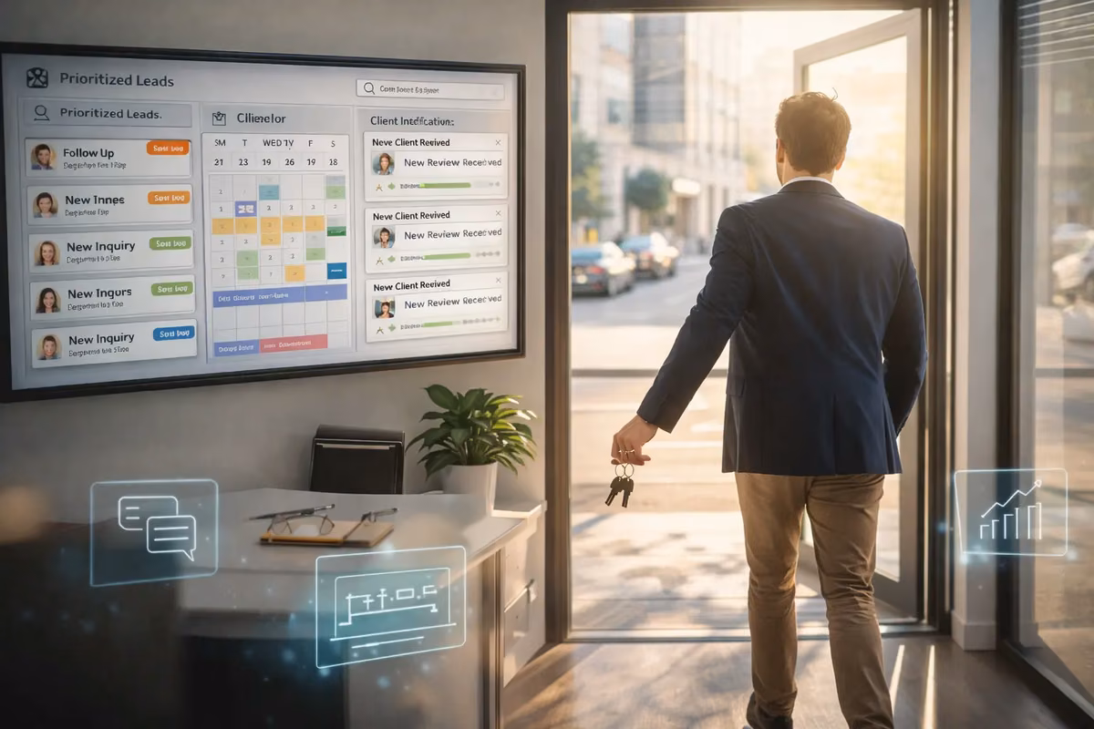 A real estate agent using a digital tool for automating business operations and prioritizing client leads.