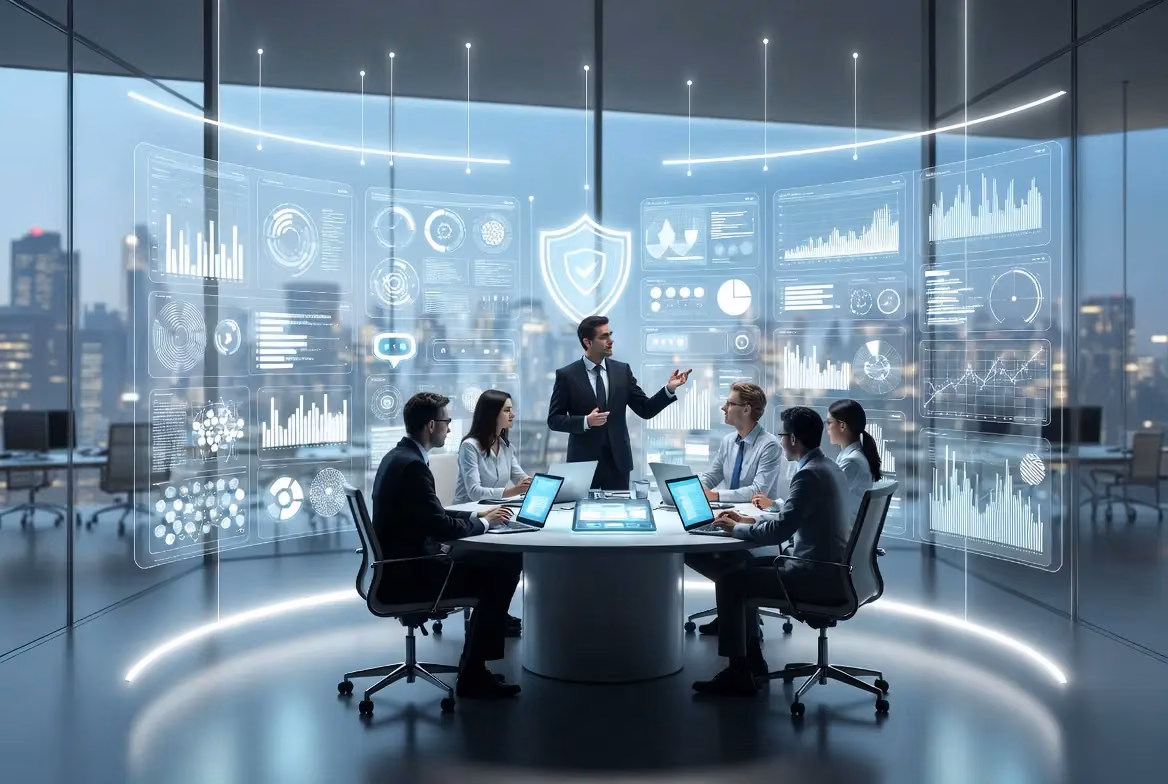 Business team discussing AI tools' impact on enterprise strategy and performance optimization.