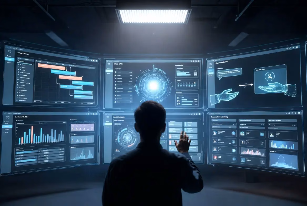 Person interacting with multiple AI-powered dashboards for enterprise solutions