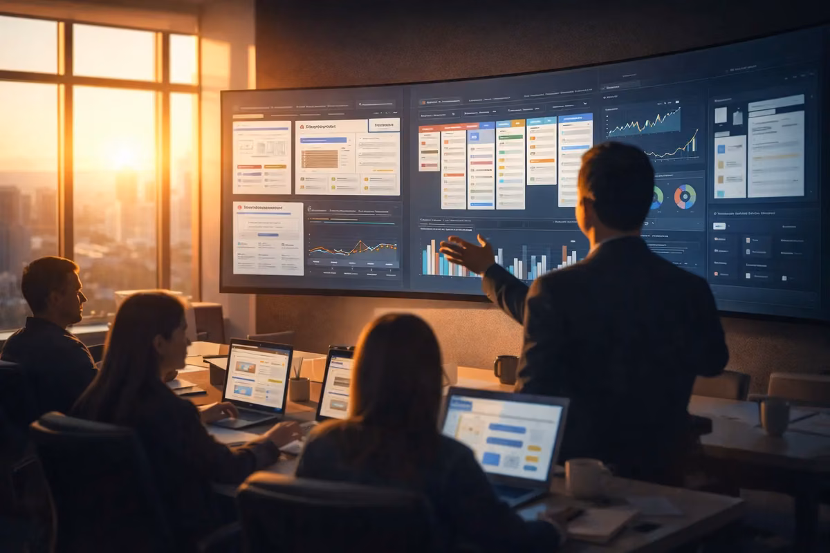 Team analyzing data on a large screen with SEO dashboard tools at a digital agency