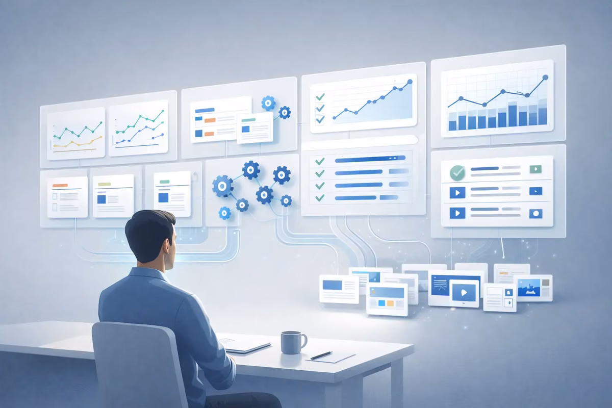 A professional using analytics tools for SEO strategy at a desk with multiple data screens.