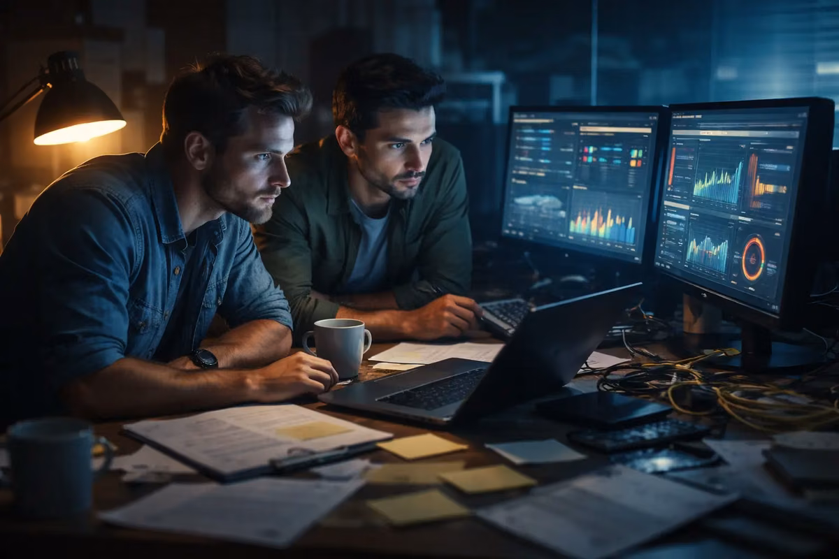 Two professionals analyzing SEO tool metrics on multiple screens at a desk.